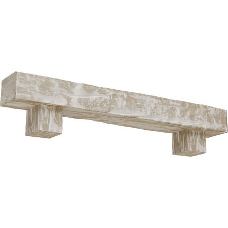 EKENA MILLWORK Kit w/ Alamo Corbels, White Washed, 6"H  x 6"D x 72"W Riverwood Faux Wood Fireplace ManteL MANURW06X06X72AOWH